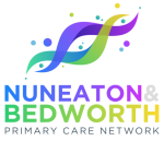 An image of the Nuneaton and Bedworth Primary Care Network logo. The logo is green, yellow, blue and purple and consists of two curve lines which are thinner at the end and thicker in the middle with small circles of the same colours around the outside of the lines.
