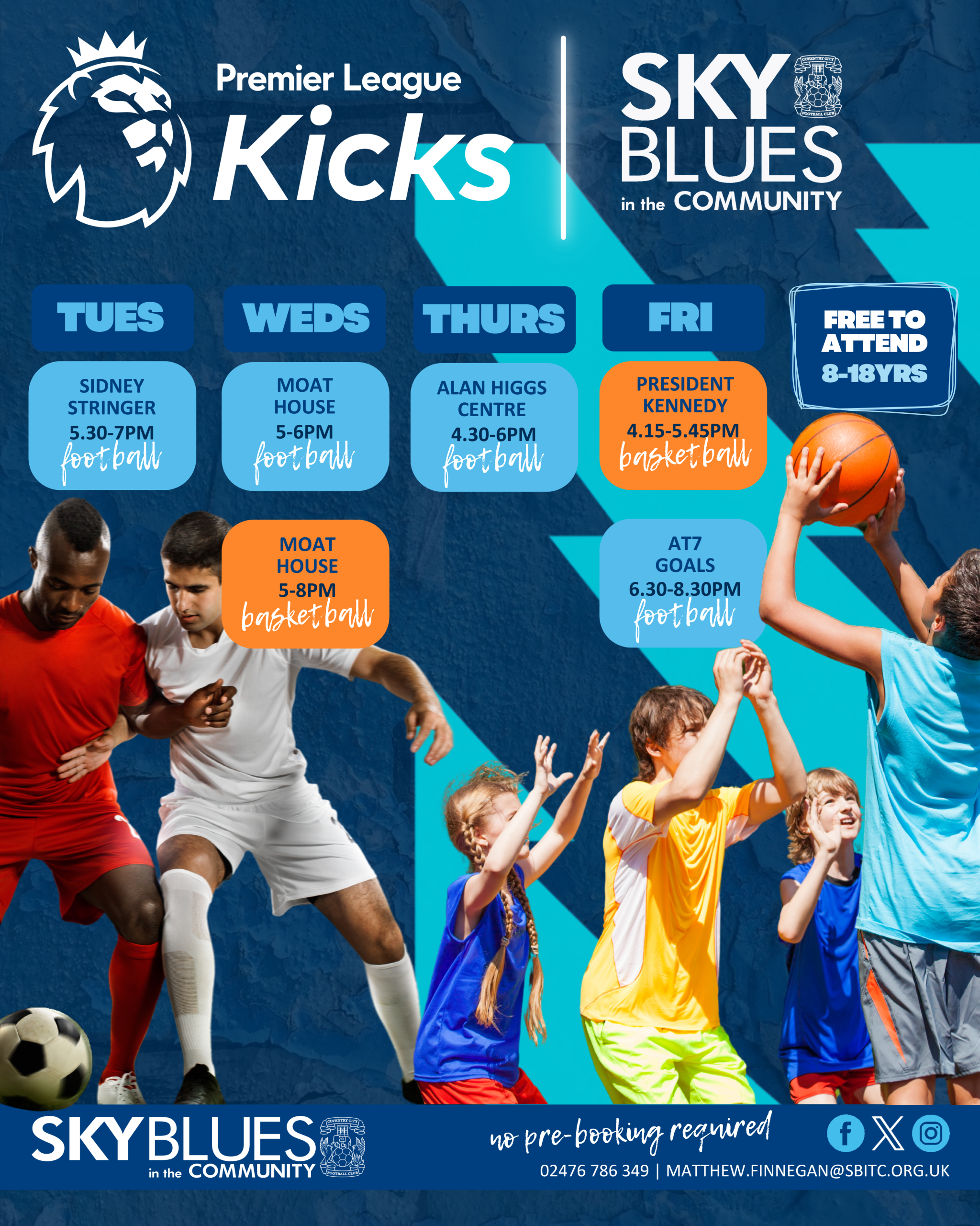 A social media flyer detailing the kicks sessions available.<br />
Monday 5:30pm until 6:30pm, Football at Blue Coat School.<br />
Tuesday 5:30pm until 7:00pm - Football at Sidney Stringer School.<br />
Wednesday 5pm until 6pm - Football at Moat House Leisure Centre. 5-8pm - Basketball at Moat House Leisure Centre.<br />
Friday 4:15pm until 5:45pm - Basketball at President Kennedy School. Football at AT7 Goals 6:30pm until 8:30pm.